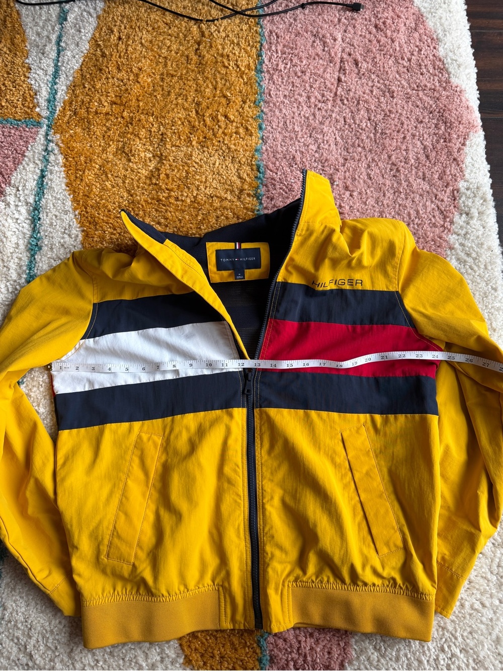 Tommy Hilfiger Yellow Hooded Windbreaker with Tricolor Chest Stripe - Picture 4 of 5